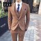 丹杰仕精神小伙青年西服套装男士商务正装两件套修身新郎结婚礼服英伦西装男套装 S 卡其色