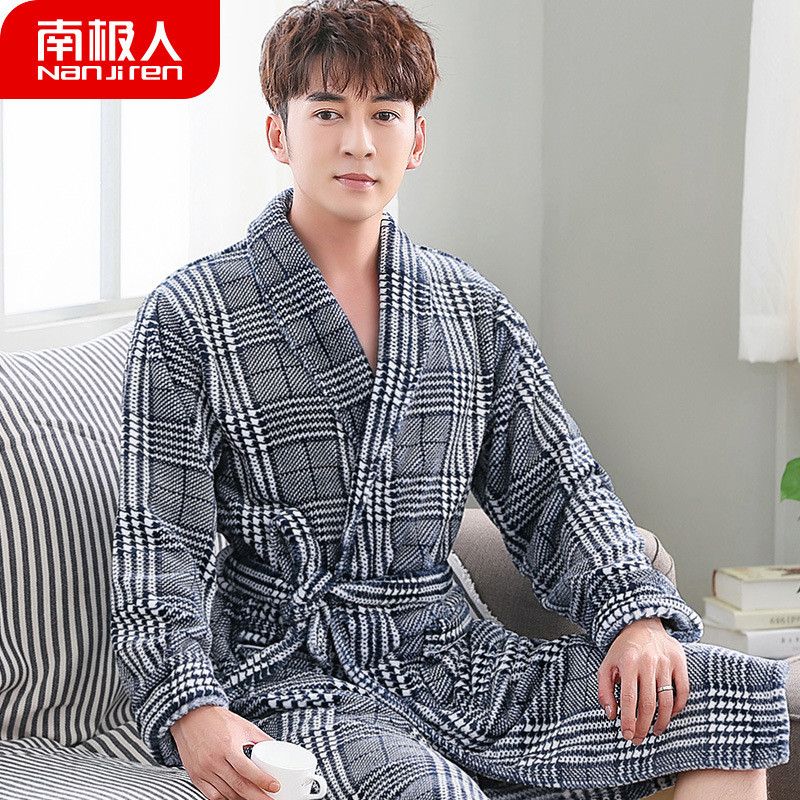 南极人睡衣男秋冬季加厚法兰绒情侣女士珊瑚绒睡袍酒店浴袍加长款 L 男灰色格子