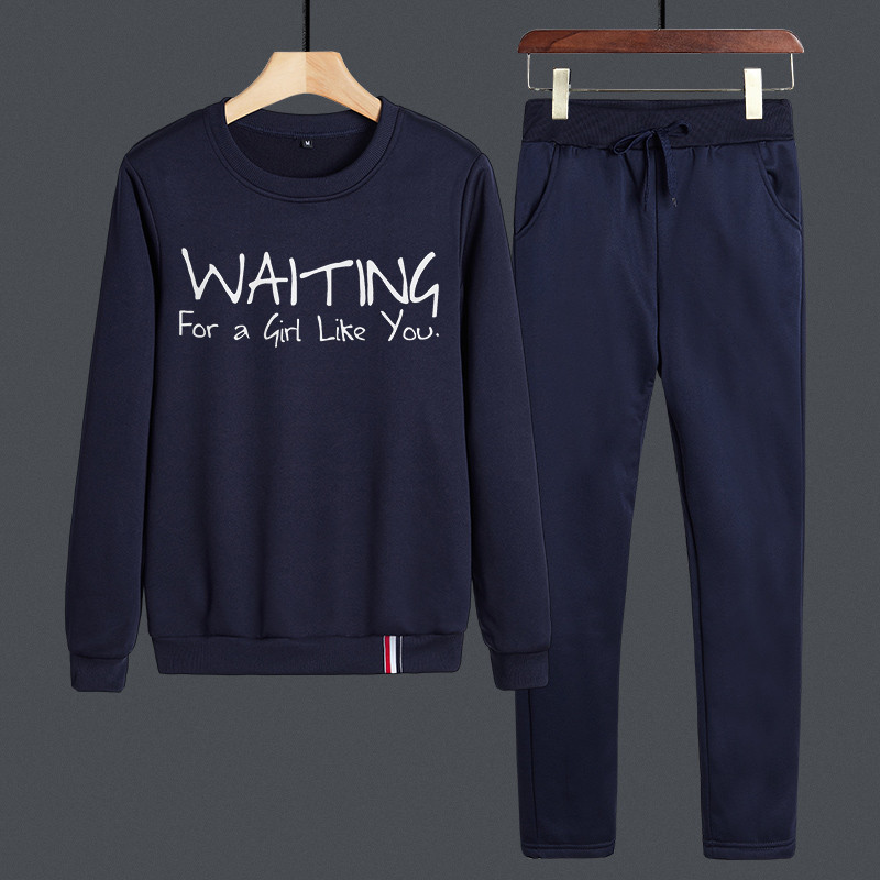 套头卫衣男秋冬季圆领休闲运动套装潮流时尚帅气学生男装两件套YTZ204 2XL 蓝色