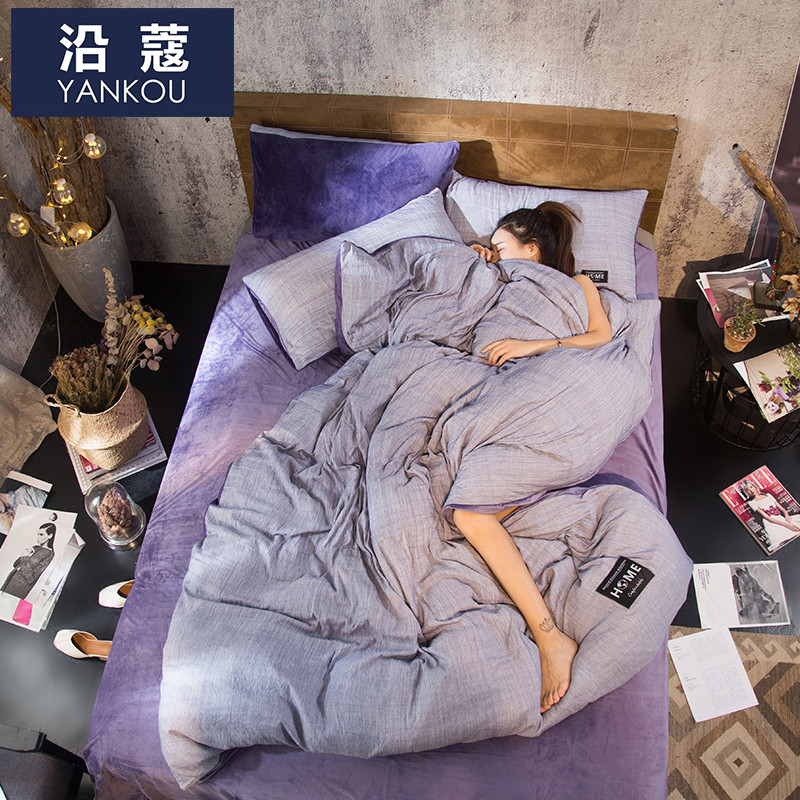 沿蔻家纺 彩棉水晶绒四件套珊瑚绒法兰绒被套冬季保暖床上用品单人双人床单 1.5-1.8M床被套200*230cm 布兰琪（灰驼）