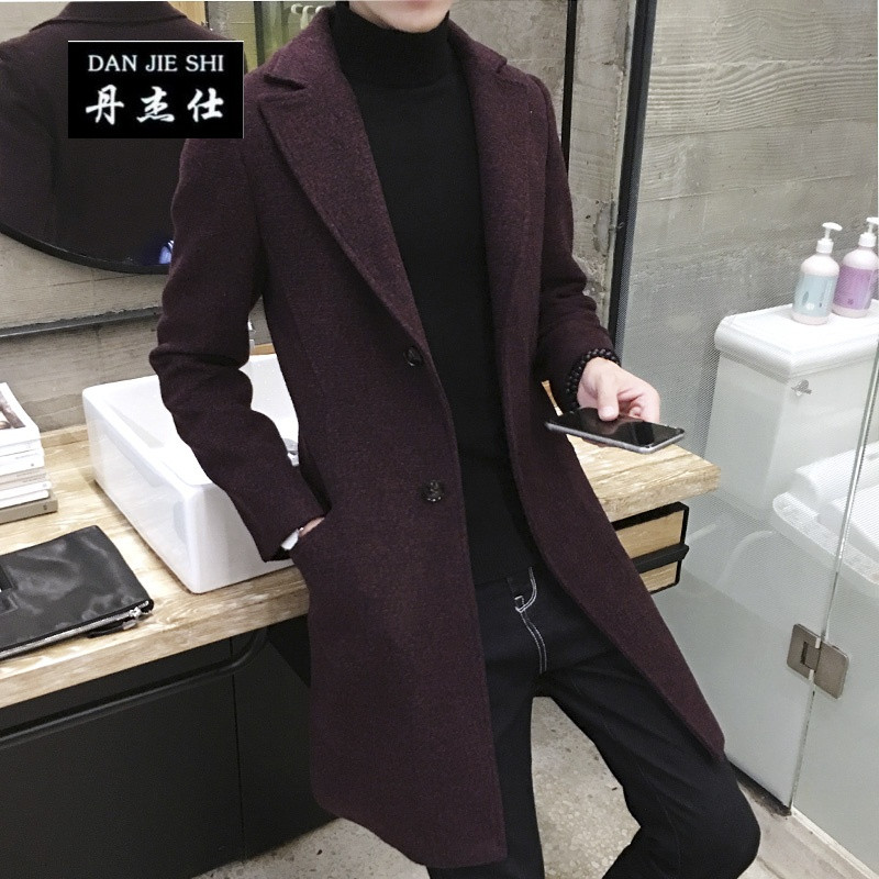 丹杰仕风衣男中长款韩版修身潮流帅气2018秋冬季新款男士呢子大衣长款毛呢外套 L 酒红色