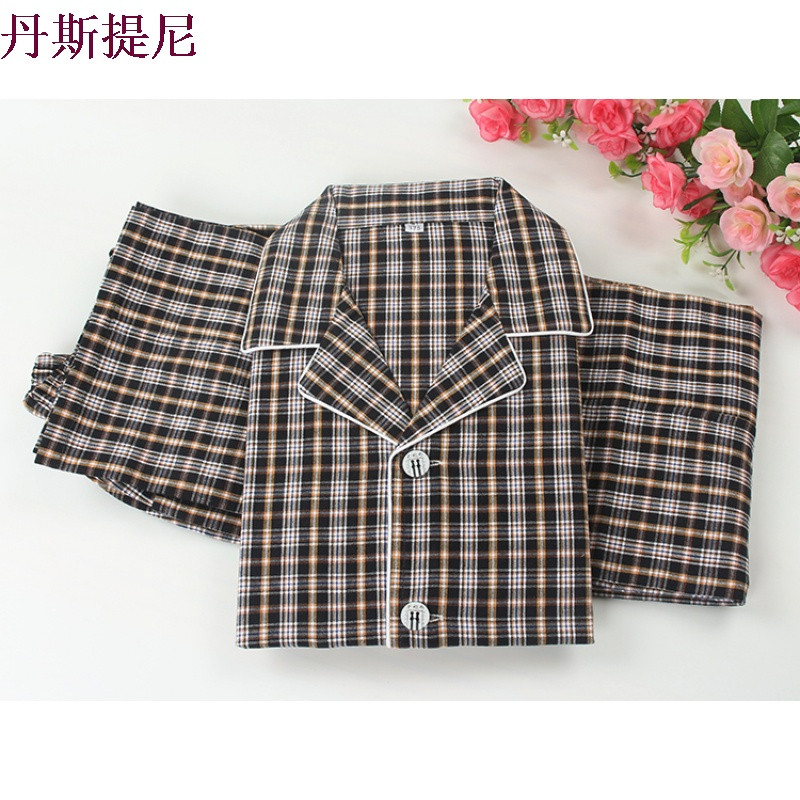 春季新款纯棉老粗布睡衣男女士长袖格子家居服分体宽松情侣服包邮_1 40/170 八号色