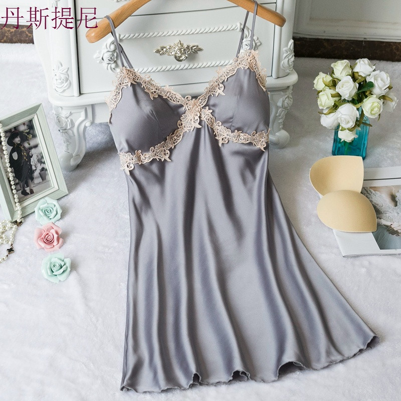 18新品睡衣女夏季性感带睡裙有胸垫冰丝绸情趣极度诱惑家居服 M 1808灰色