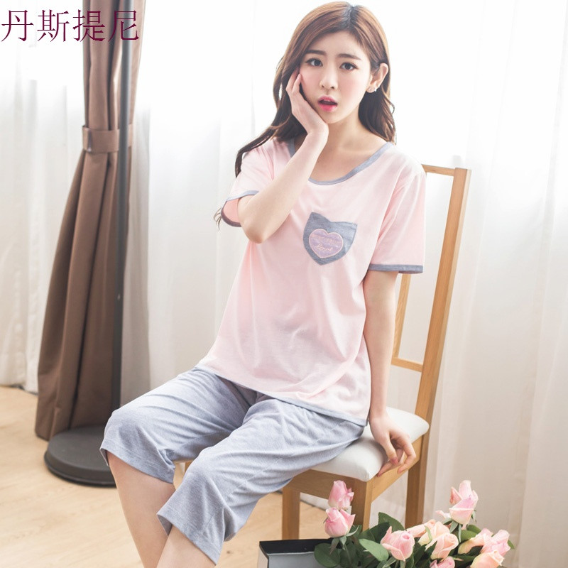 睡衣女夏套装纯棉短袖七分裤两件套薄款中裤大码宽松家居服可外穿_2_6 M(80-95斤) 粉红色C301