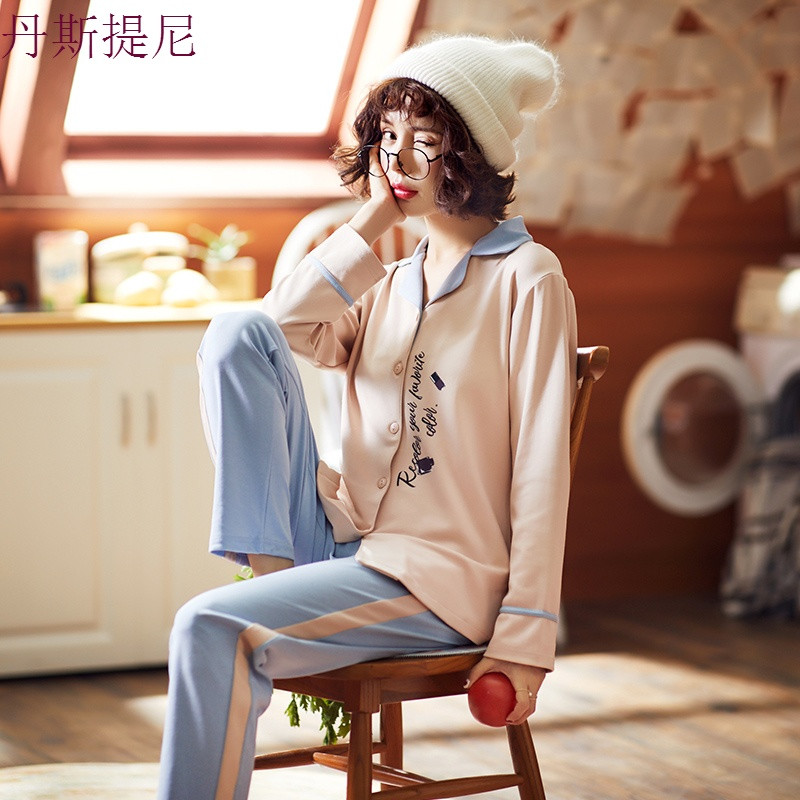 睡衣女秋纯棉韩版长袖开衫可外穿春秋季家居服女夏套装薄款公主风 XL 简单字母