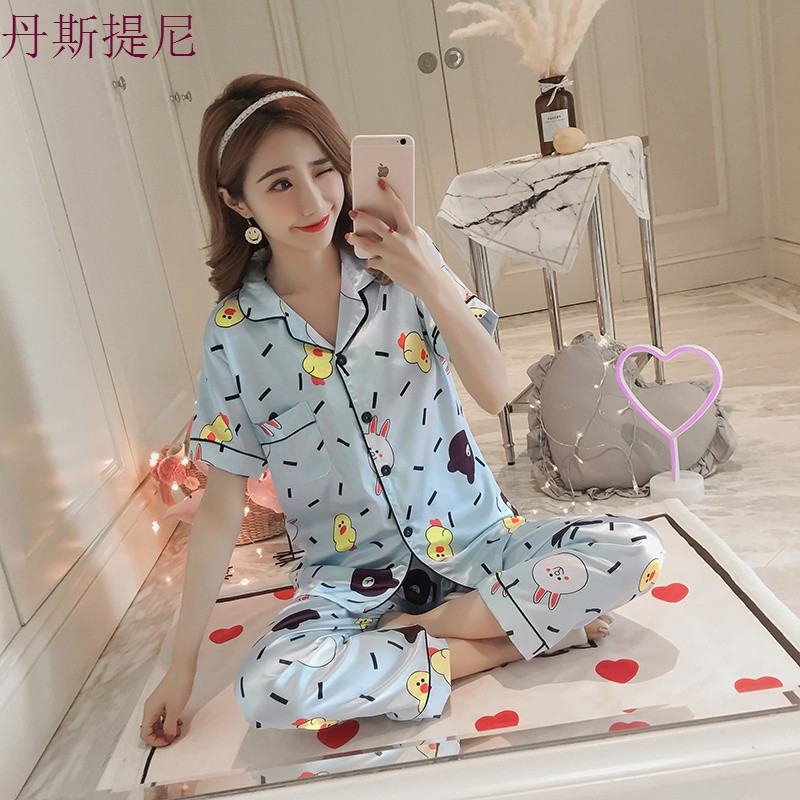 冰丝睡衣女夏季短袖长裤加肥加大码胖mm200斤夏天真丝家居服套装_3 5XL（180-205斤） 布朗熊短长