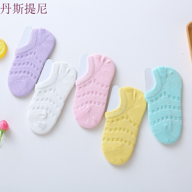夏季薄款儿童袜子1-3-5-7-9岁男女童船袜纯棉小孩浅口网眼宝宝袜 6-8岁，脚长16-18cm 女孩糖果洞洞5双装（防滑后跟）