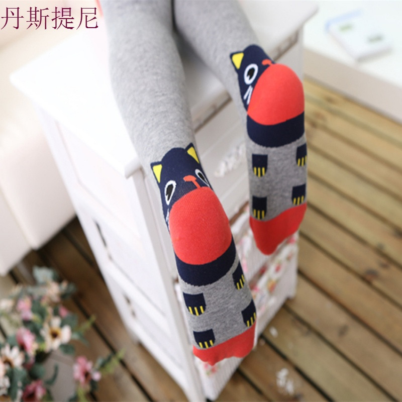 春秋新款纯棉儿童连裤袜韩版女童拼接打底裤宝宝假中筒连体长袜子_3_2 小小码建议身高85-94 脚底猫灰色