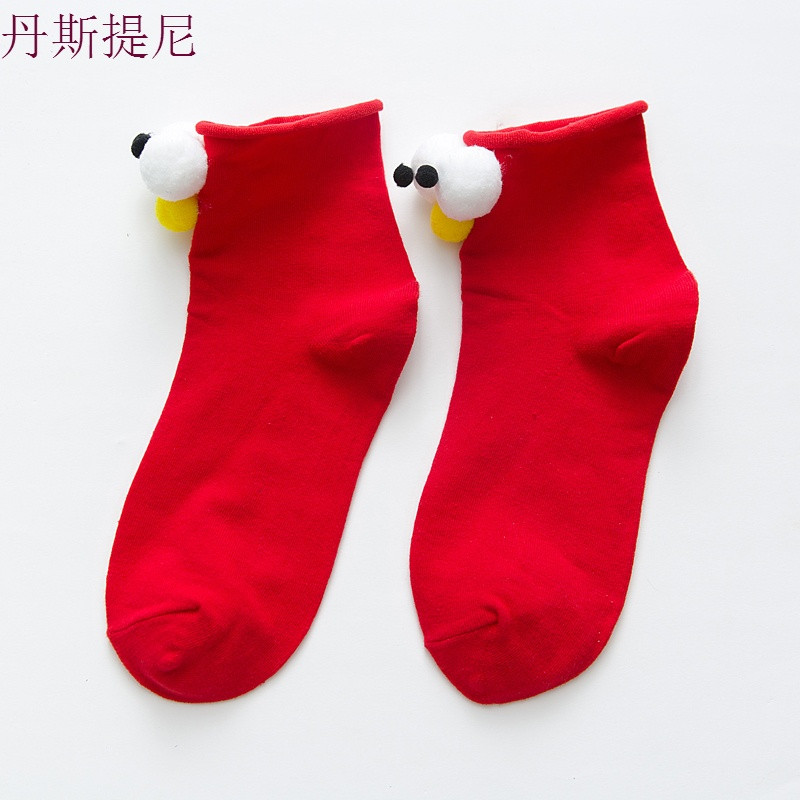 ins抖音立体大眼睛袜子女春秋款3d短袜可爱搞怪卡通中筒袜长袜潮 眼睛在后 大红色3双