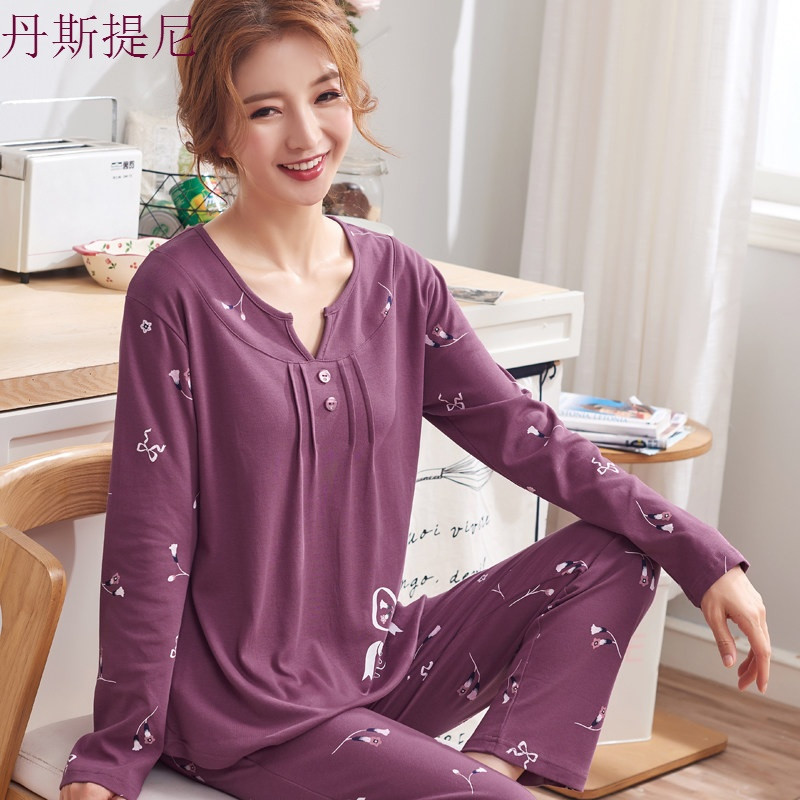 春秋季中年妇女长袖纯棉睡衣女士妈妈中老年人薄款宽松家居服套装_5 160(M) LMSJ806