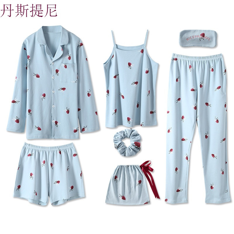 春秋莓睡衣七件套女夏纯棉长袖带韩版甜美可爱全棉家居服套装_8 L(适合身高163-168或体重110-125) 草莓蓝色