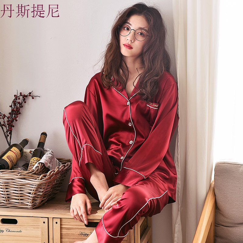 情侣睡衣女夏天薄款丝绸春秋男士长袖丝质秋季韩版冰丝家居服套装_9 M 2271女装
