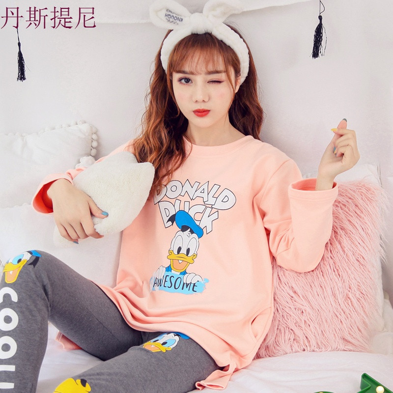 长袖睡衣女秋季纯棉可爱学生韩版春秋中长款可外穿薄款家居服套装_4_0 XL【116-130斤】 T1817
