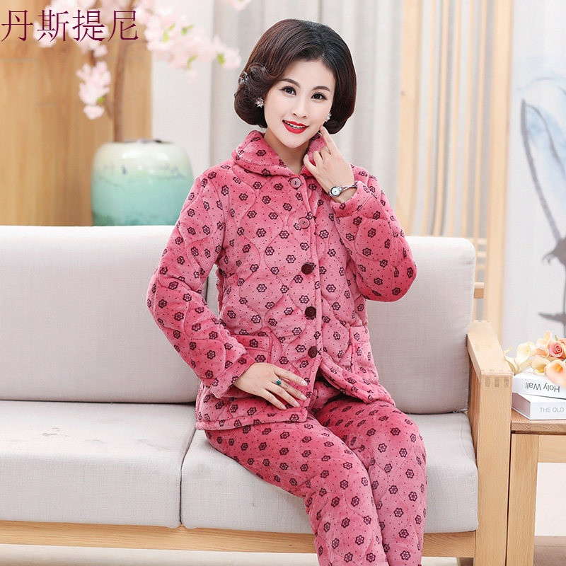 中老年人睡衣女冬季加厚绒三层夹棉珊瑚绒法兰绒套装妈妈家居服秋 M（80-100斤） 漫天飞花