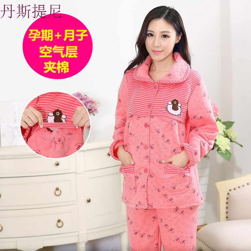 冬天孕妇哺乳期空气层夹棉月子服加厚秋冬季产后纯棉保暖喂奶睡衣_9 XL码【120-140斤】 326#条纹绵羊（红）