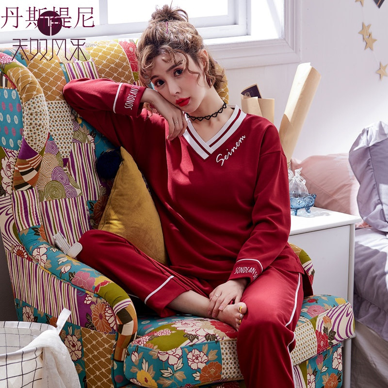 春秋季睡衣女两件套装纯棉长袖韩版清新学生宽松时尚家居服可外穿_2_1 175(XXL) J3402枣红