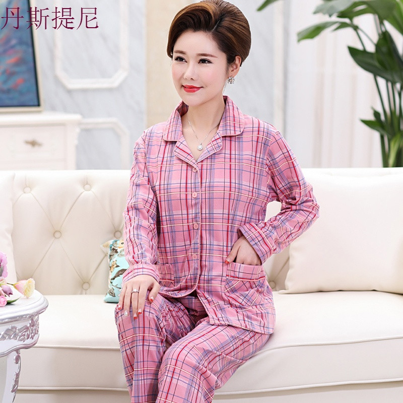 春秋季纯棉长袖睡衣女开衫薄款中年妈妈套装全棉休闲家居服加大码_0 XL 1070粉红格子
