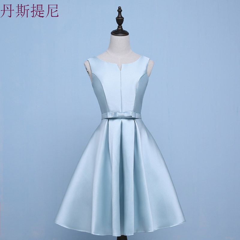 伴娘服短款2018新款夏季粉色缎面伴娘团礼服姐妹小礼服毕业晚礼服_9_0 量身订做（订做不可退换） 冰蓝色B款