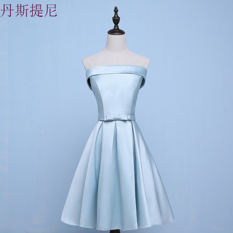 伴娘服短款2018新款夏季粉色缎面伴娘团礼服姐妹小礼服毕业晚礼服_9_0 77/60/XS 冰蓝色C款