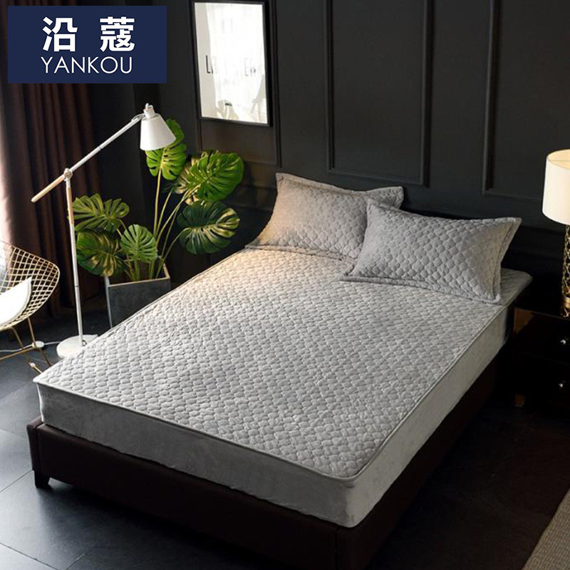 沿蔻家纺 加厚夹棉床垫套床罩床单 简约纯色水晶绒可水洗床笠1.5/1.8米 120*200cm 神秘灰