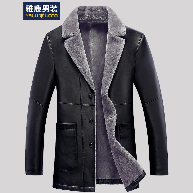 雅鹿男装皮衣男士新款皮夹克加绒加厚保暖外套17652 黑色 190/XXXL