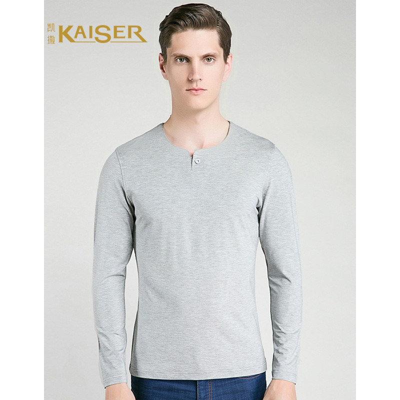 KAISER凯撒打底衫男式休闲圆领新款一粒扣长袖T恤 花灰色 54(185/XXL)