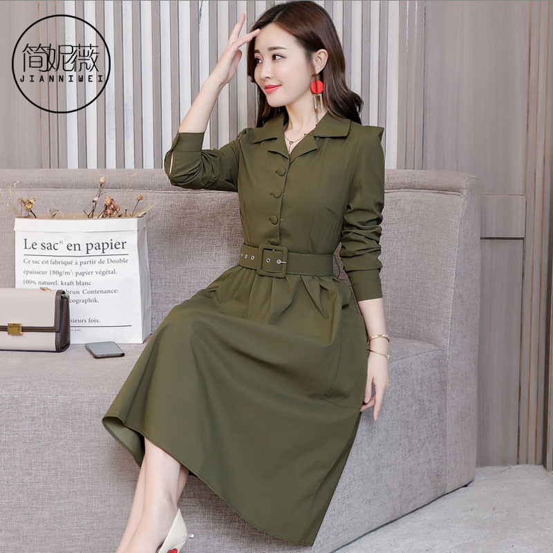 简妮薇(JIANNIWEI)2018秋季女装初秋新款休闲长袖连衣裙气质秋装韩版女士中长款早秋裙子 军绿色 S