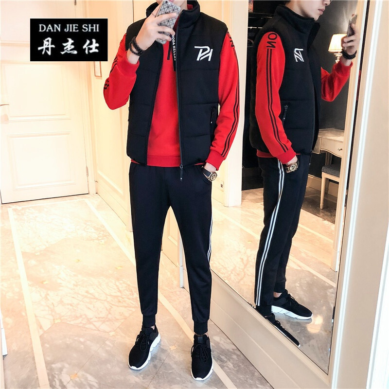 丹杰仕青年运动套装男秋冬季2018新款卫衣三件套冬季衣服帅气青少年2018新款休闲装 3XL 红色