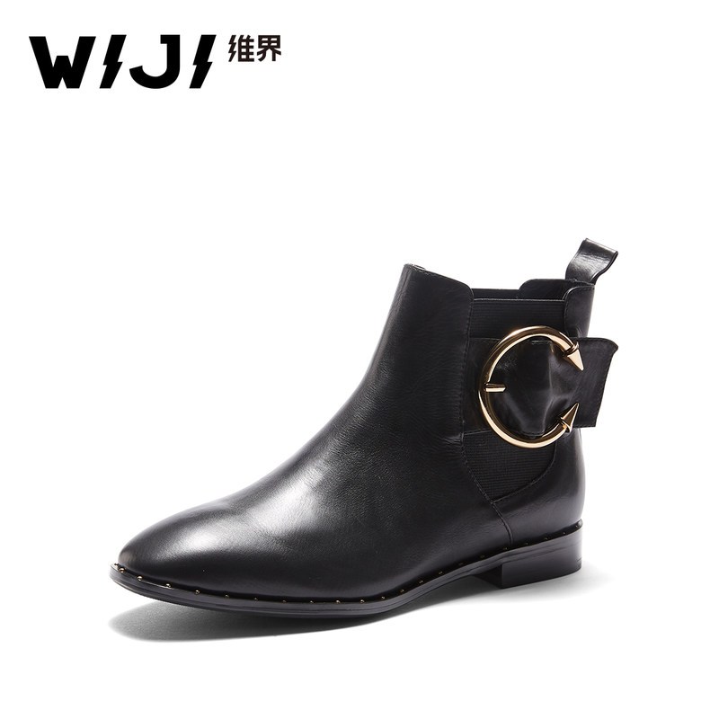 WIJI2018冬季新款时尚休闲纯色女靴环扣设计透气舒适个性方头女靴_1 黑色 37