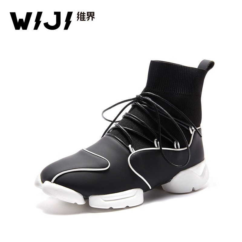 WIJI维界新款时尚休闲飞织运动鞋个性欧美高帮鞋子透气舒适短靴女_1 37 黑色