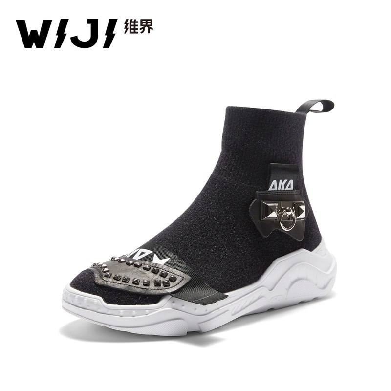 WIJI2018秋季新款女鞋运动休闲袜子鞋松糕底铆钉时尚街头金属装饰_1 37 黑色