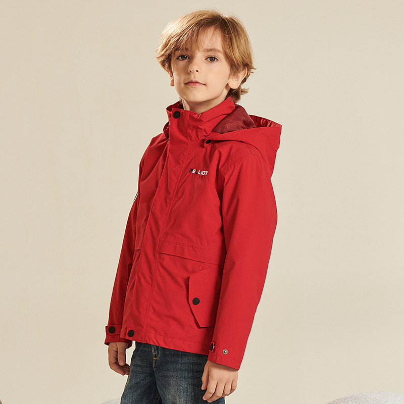伯希和户外儿童冲锋衣三合一男童女童加绒加厚保暖两件套抓绒外套 120CM 熔岩红