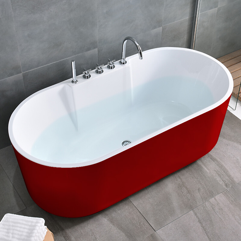 独立式浴缸薄边家用独立式浴缸欧式小户型坐凳浴桶白色一体加深独立式配置全白空浴缸加落地龙头 内白外红五件套浴缸 1.3m
