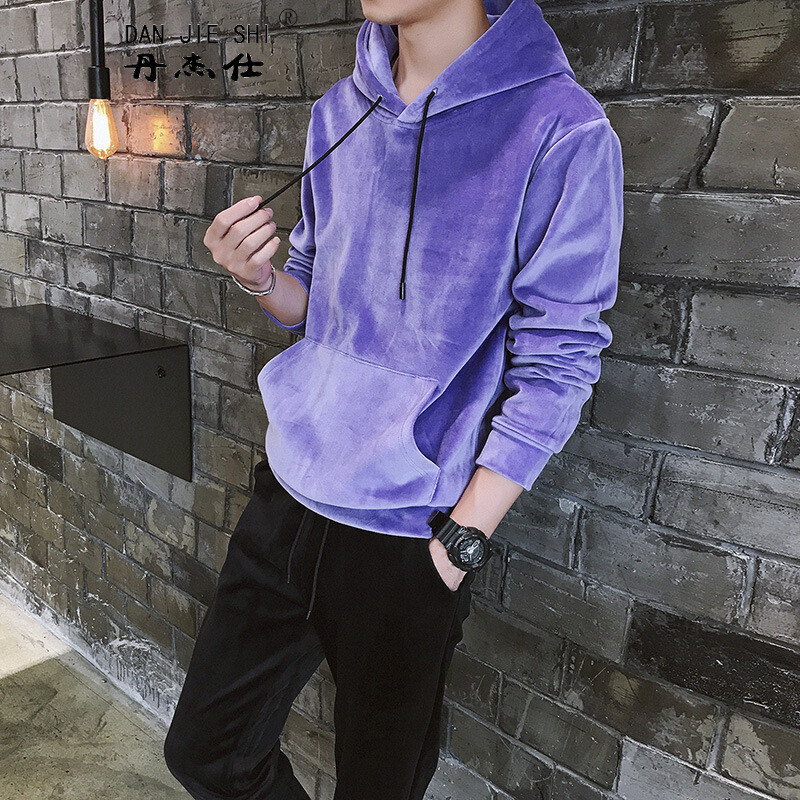丹杰仕双面绒休闲套装男士卫衣青年加绒加厚冬天外套两件套 2XL 紫色