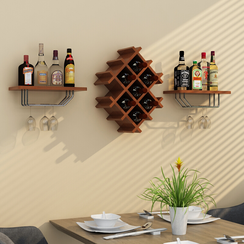创意墙上酒柜餐厅红酒架墙上置物架实木壁挂酒架现代简约挂墙酒柜_12 尊贵柚木A套餐