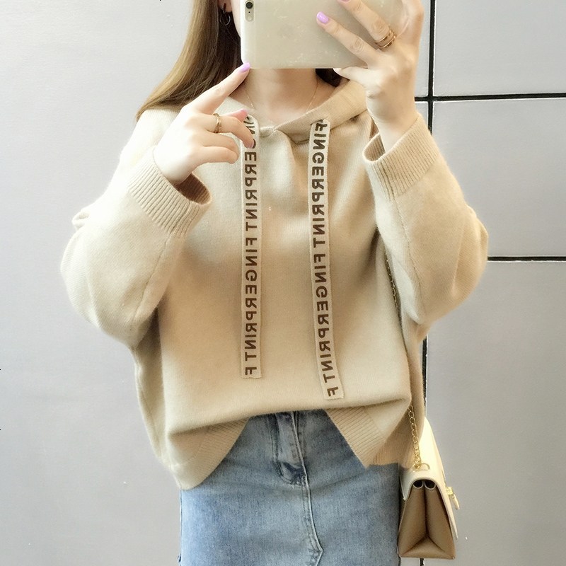 连帽卫衣女2018秋装新款韩版宽松针织衫长袖套头慵懒风毛衣女外套 S 卡其