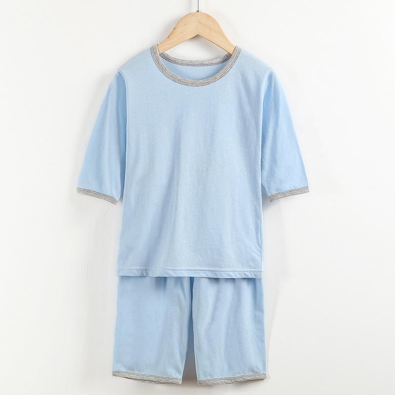 顶瓜瓜夏季纯棉男童套装糖果色七分袖薄款男女童家居服套装空服 90cm 清水蓝