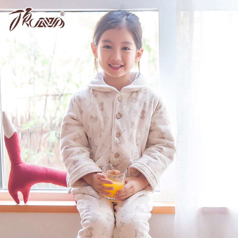 儿童睡衣加厚加棉男女童顶瓜瓜动物卡通小孩宝宝家居服套装秋冬季_1 90cm 狐言、虫鸣密语-米白色