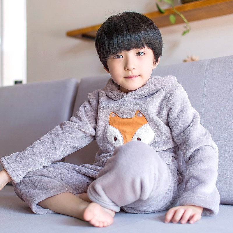 顶瓜瓜儿童长袖睡衣套装春秋男童女童宝宝小孩家居服套装加厚保暖 140cm 丛林智者麻灰
