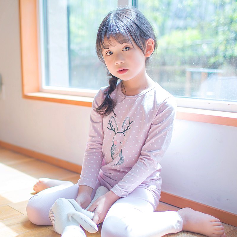 儿童内衣套装秋冬顶瓜瓜女孩公主弹力贴身全棉秋衣秋裤宝宝秋衣 90cm 小兔浅紫色