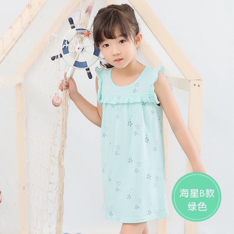 顶瓜瓜女童带睡裙纯棉宝宝儿童夏季公主家居裙小女孩睡衣薄款_3 100cm 海星B款绿