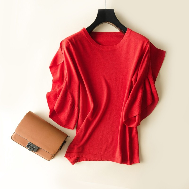 2018新款韩版针织套头宽松纯色短袖T恤显瘦针织打底衫 L 大红