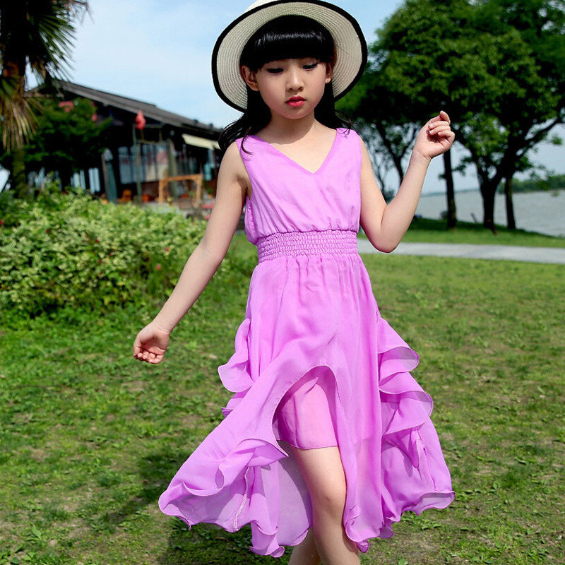 女童连衣裙夏装中大童女童装儿童雪纺公主12至15岁沙滩裙 110cm 紫罗兰