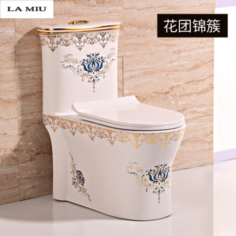 马桶彩色家用5孔旋冲座便器虹吸式墙排4D大口径静音_0 400mm C款5孔花团锦簇