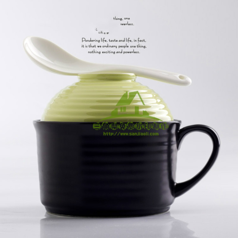 新款韩日纯色陶瓷带盖泡面碗面杯大号碗学生碗餐具方便面碗米饭碗便当盒_1 黑+浅绿色【大号】