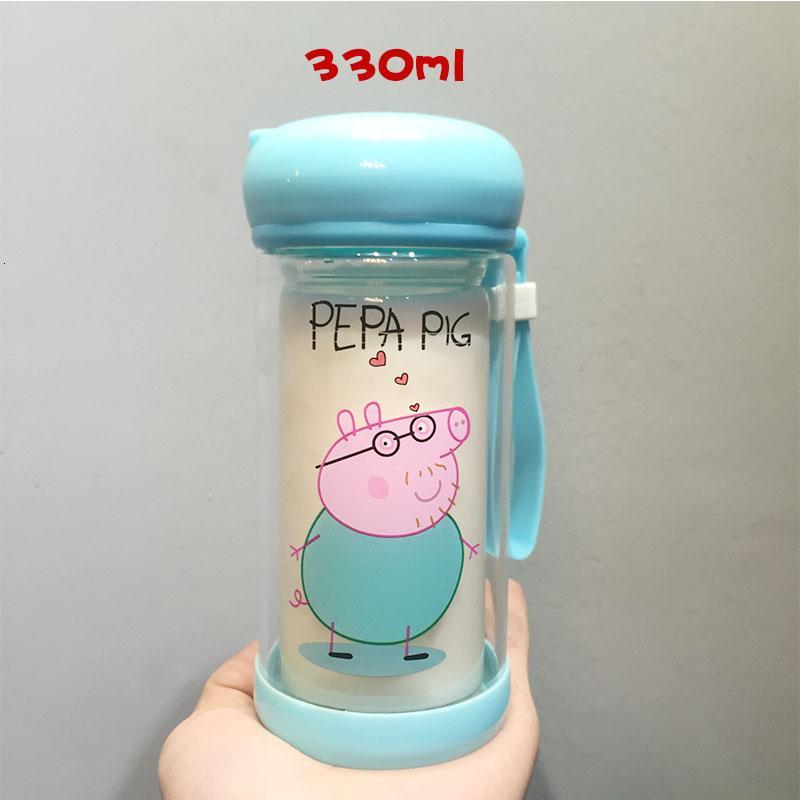 创意可爱卡通小猪佩奇双层玻璃杯子韩国便携学生儿童茶隔随手水杯_2_3 蓝色佩奇大号330ml