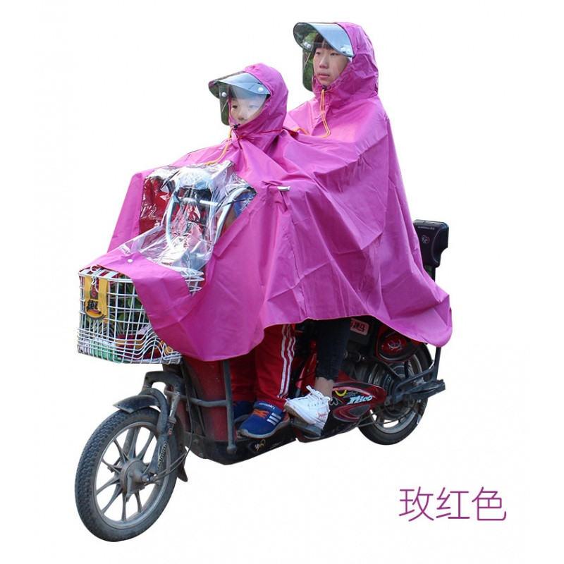 母子双人成人儿童幼儿园牛津布雨衣摩托车电动自行车电瓶车雨披_9 玫红色双面罩