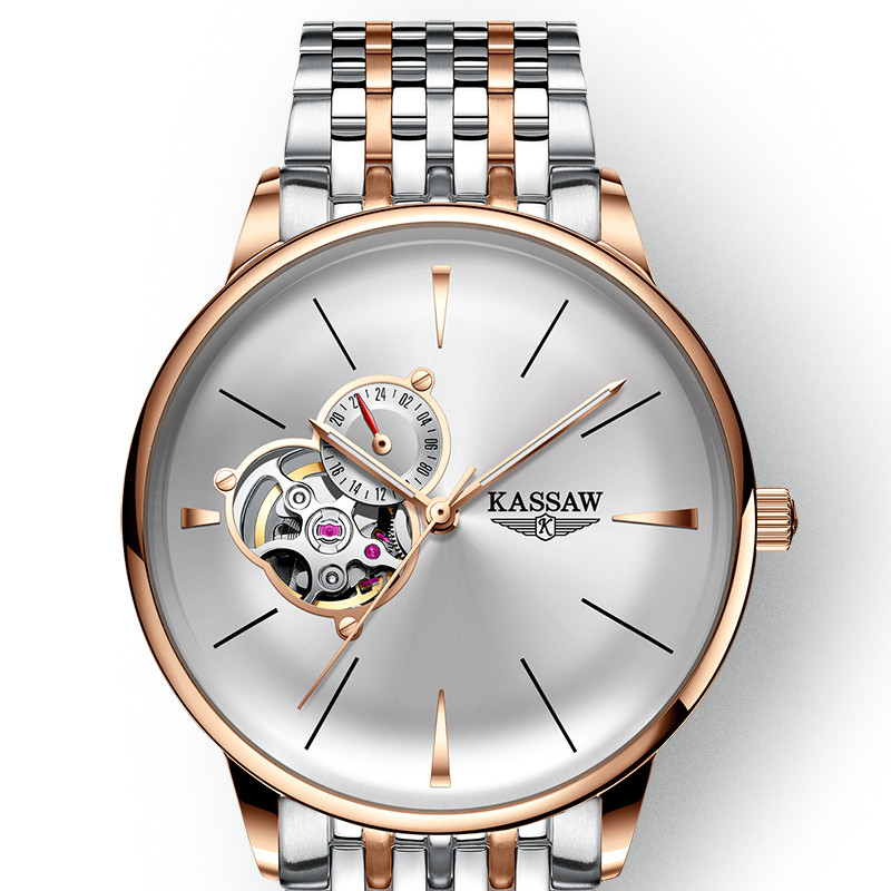 卡梭(KASSAW)机械表 男士手表时尚自动机械表镂空曲面机械系列防水男表 商务休闲男士手表K873G 玫瑰金白面钢带