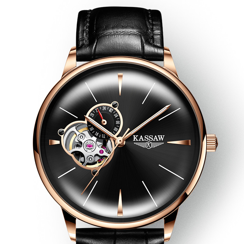 卡梭(KASSAW)机械表 男士手表时尚自动机械表镂空曲面机械系列防水男表 商务休闲男士手表K873G 玫瑰金黑面皮带