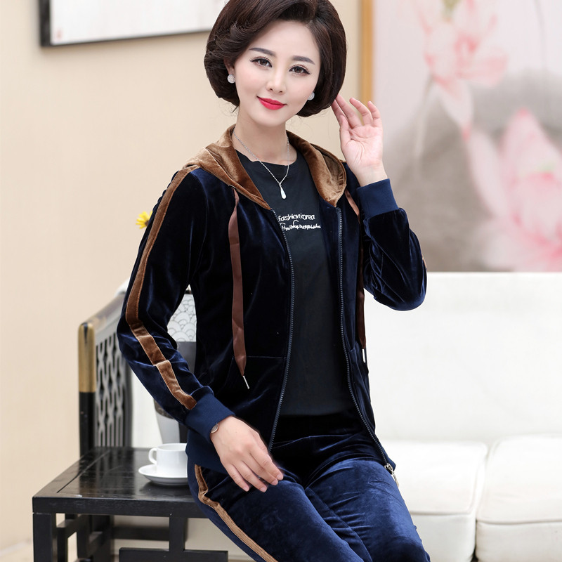 媛宿(YuanSu)妈妈秋装金丝绒套装40岁50中年运动服卫衣中老年女春秋休闲两件套6491 XL 藏青